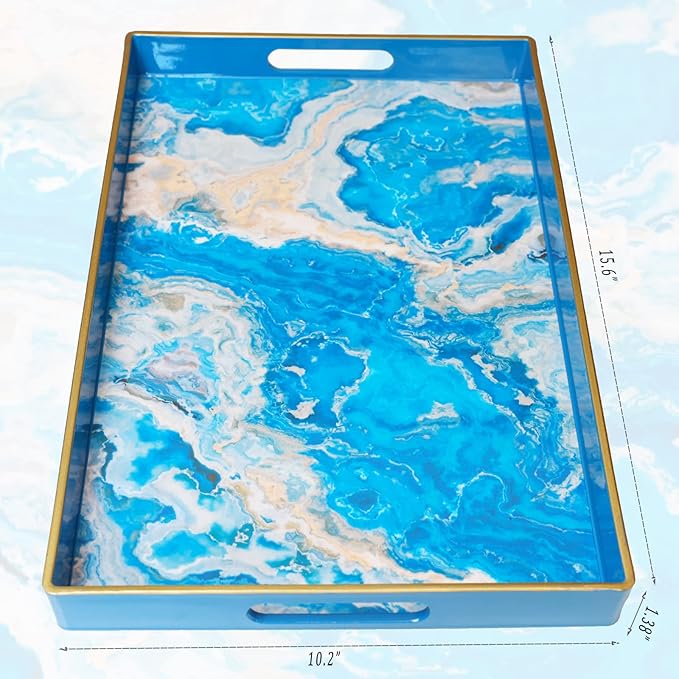 Spsyrine Serving Tray, Plastic Rectangular Coffee Table Tray with Handles, Marble Decorative Tray for Living Room, Ottoman, Bathroom Decor. 15.6â X 10.2" HSRE