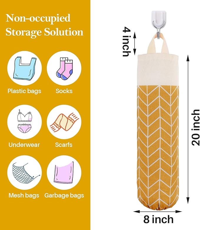 Plastic Bag Holder, Canvas Grocery Bag Holder Dispenser, Wall Mount Shopping Trash Bag Storage Organizer for Home Kitchen (Ginger Yellow)