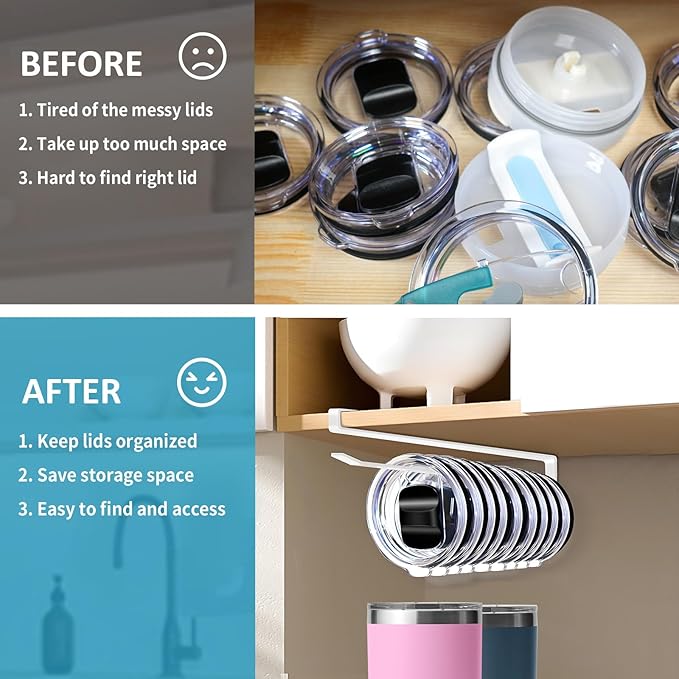 ARTLEO Shallow Tumbler Lid organizers for Cabinet, Space Saving Yeti Tumbler Lid Holder, Stanley Cup Lid organizers Under Cabinet, No Drill Cup Lid Hanger Must-Have 2025, 2 Pack Storage