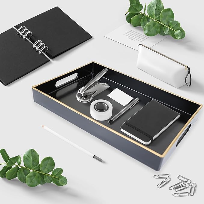 Spsyrine Black Bathroom Vanity Tray with Handles for Dresser Tops, Countertop, Perfume Decorative Tray, 11.8â * 7.87â *1.37â