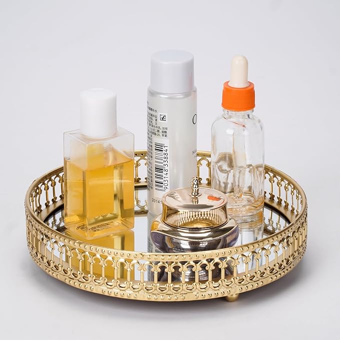 Gold Mirrored Vanity Tray for Bathroom Counter,Metal Decorative Jewelry Storage Tray Cosmetic Perfume Organizer for Dresser,Bedroom,Home Decor,Suit for Candle Holder,Coffee Table Centerpiece,S
