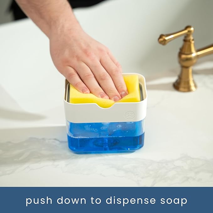 S&T INC. Dish Soap Dispenser and Sponge Holder for Kitchen Sink with Enhanced Features, Sponge Included, 13 Ounces, Matte White