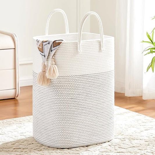 Laundry Basket,Woven Cotton Rope Laundry Hamper,Versatile Storage for Dirty Clothes,Baby Toys,and Blankets in Bathroom, Nursery,and Living Room (White, 40L)