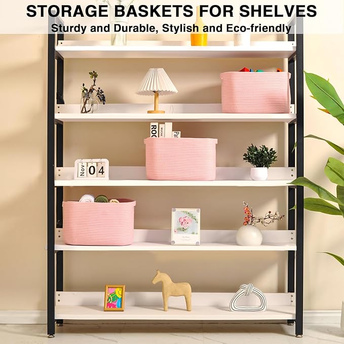 Pink Storage Baskets for Organizing Shelves, Woven Cotton Rope Baskets for Storage, Toy Basket for Kids, Cute Basket for Shelves Closet, 14.8"×11"×9.5", Pack of 3, Light Pink