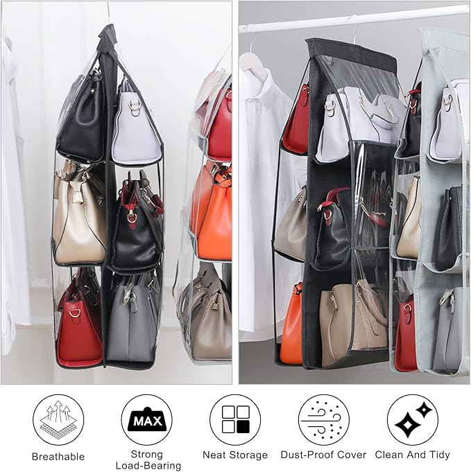 Hanging Handbag Organizer Dust-Proof Storage Holder Bag Wardrobe Closet for Purse Clutch with 6 Larger Pockets (2, 6 bags)