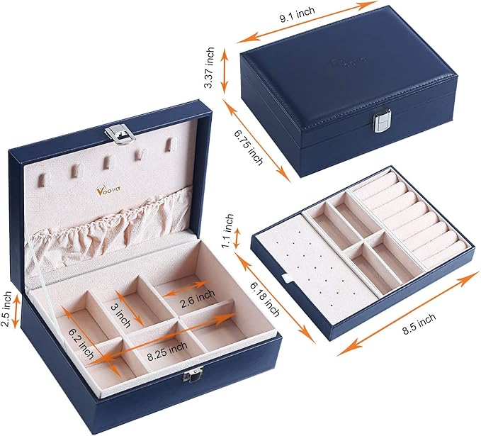 Voova Jewelry Box Organizer for Women Girls, 2 Layer Large Men Jewelry Storage Case,PU Leather Display Jewellery Holder with Removable Tray for Necklace Earrings Rings Braceletsï¼Vintage Giftï¼Navy Blue