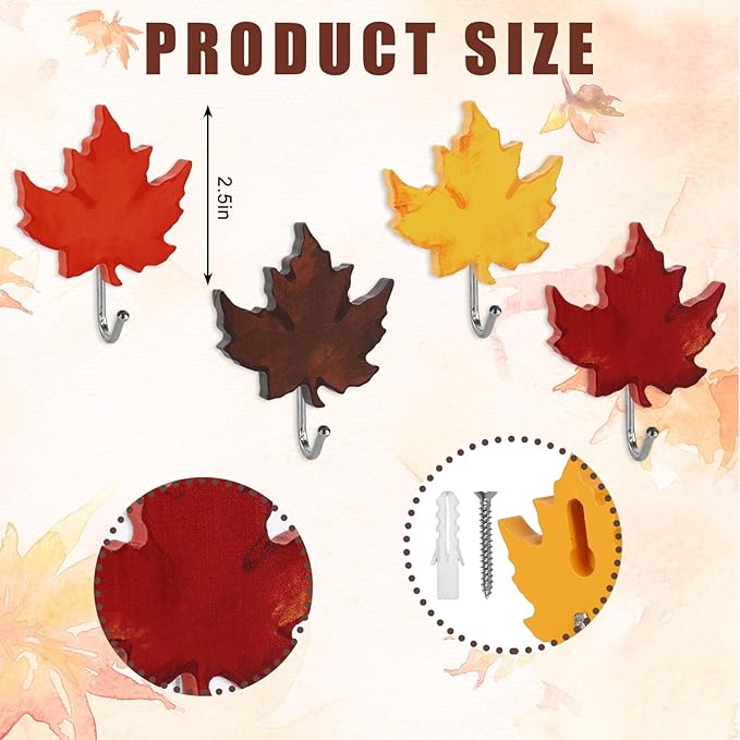 JarThenaAMCS 12Pcs Fall Leaf Hooks Maple Leaf Wood Coat Hook Decorative Towel Hanger Wall Mounted for Autumn Bathroom Bedroom Kitchen Entryway Decor