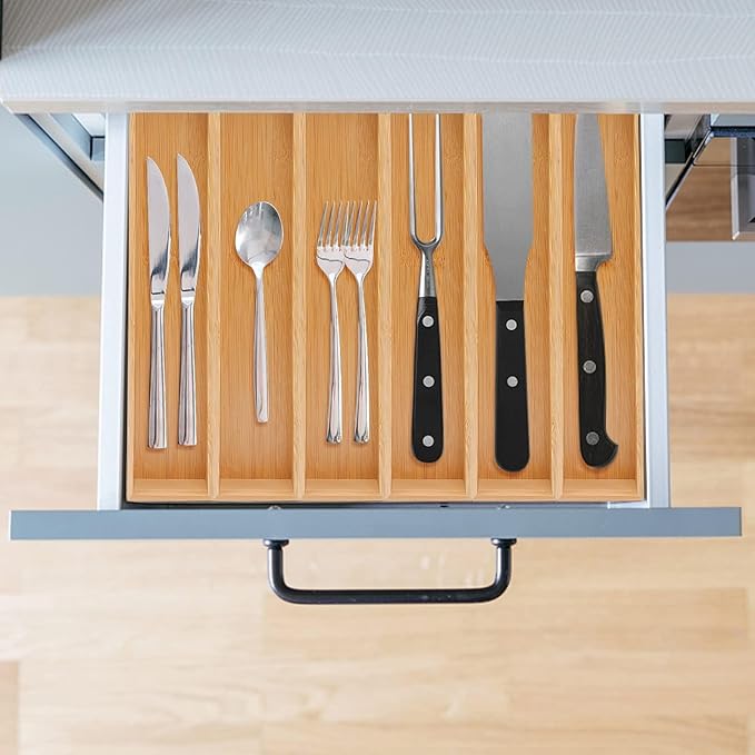 Bamboo Drawer Organizer,Kitchen Utensil Organizer Silverware Tray,Cutlery Holder, Wood Storage Box for Flatware, Makeup, Bathroom, Office Desk (Bamboo, 15 * 3 * 2.6)