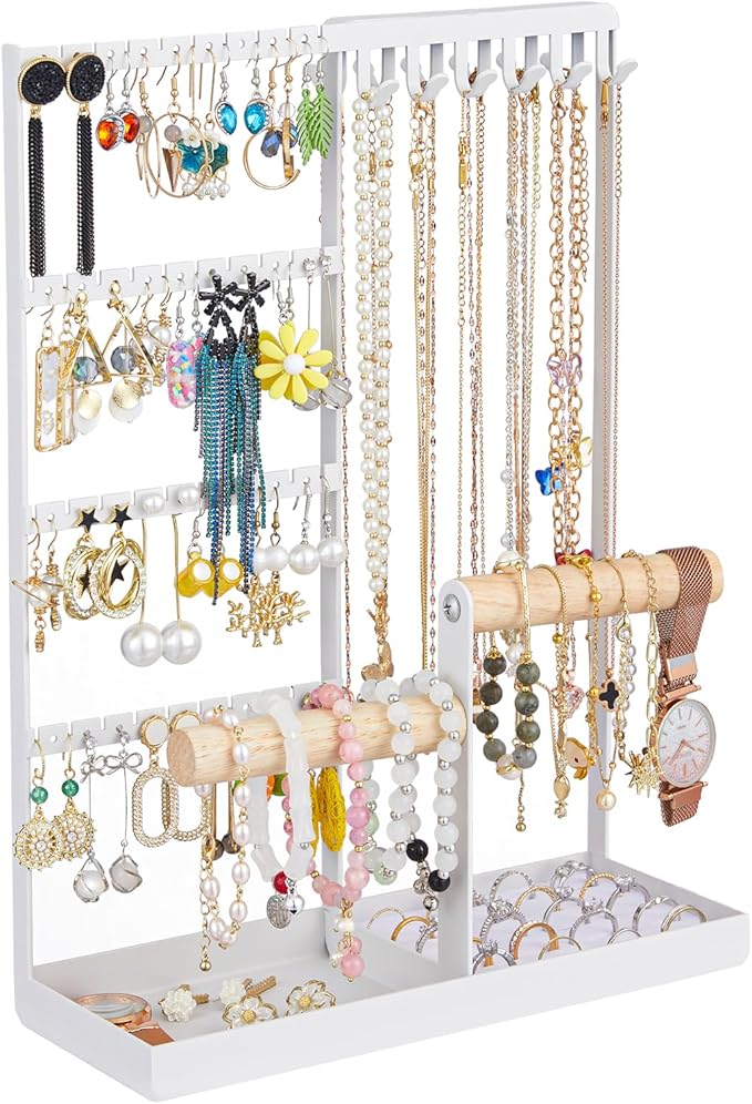 Jewelry Organizer Stand, Jewelry Holder Tree and Storage, Super Large Capacity, 72 Earring Holes, 12 Necklace Hooks, 20 Rings Slot, 2 Bracelet Bars, Assemble Not Required, Size 3.94*9.84*13.78 Inch