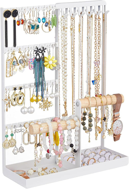 Jewelry Organizer Stand, Jewelry Holder Tree and Storage, Super Large Capacity, 72 Earring Holes, 12 Necklace Hooks, 20 Rings Slot, 2 Bracelet Bars, Assemble Not Required, Size 3.94*9.84*13.78 Inch