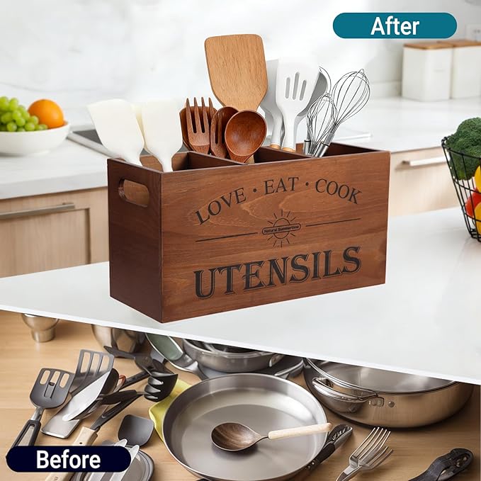 2 PC Wooden Utensil Holder,（With 4-Compartments size*1 + 3-Compartments size*1） Extra Large Kitchen Counter,Cooking Spatula Organizer,Farmhouse Decor, Rustic Cooking Utensil