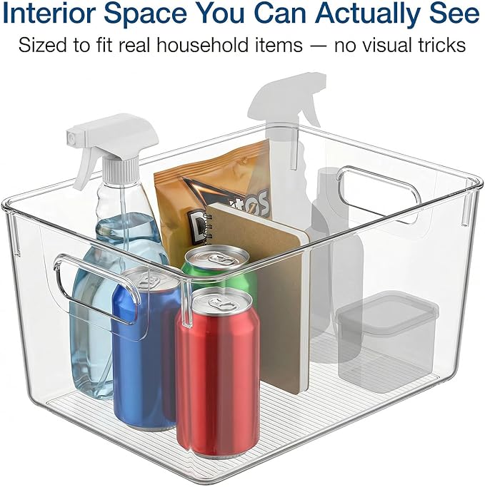 MOONEDGE Open Clear Plastic Storage Bins Stackable Organizer Containers with Handles for Kitchen, Pantry, Fridge, Cabinet, Closet Storage & Home Organization 6 Pack（11 x 8 x 6 in）