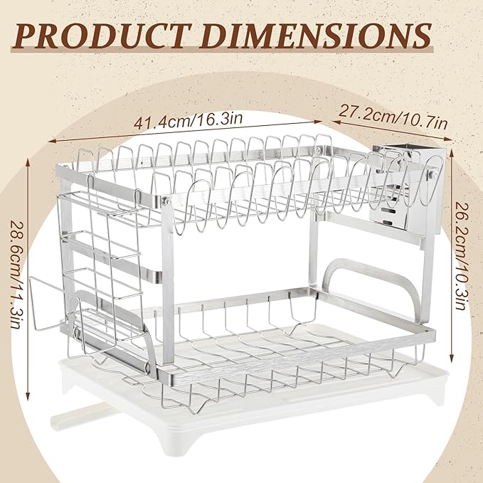 LemonRoad 2 Tier Dish Drying Rack Set Large Capacity Stainless Steel Dish Drainer Rack for Kitchen Counter Removable Plate Strainer Shelf with Drain Board Utensil Holder Drain Spout Cup Holder, Sliver