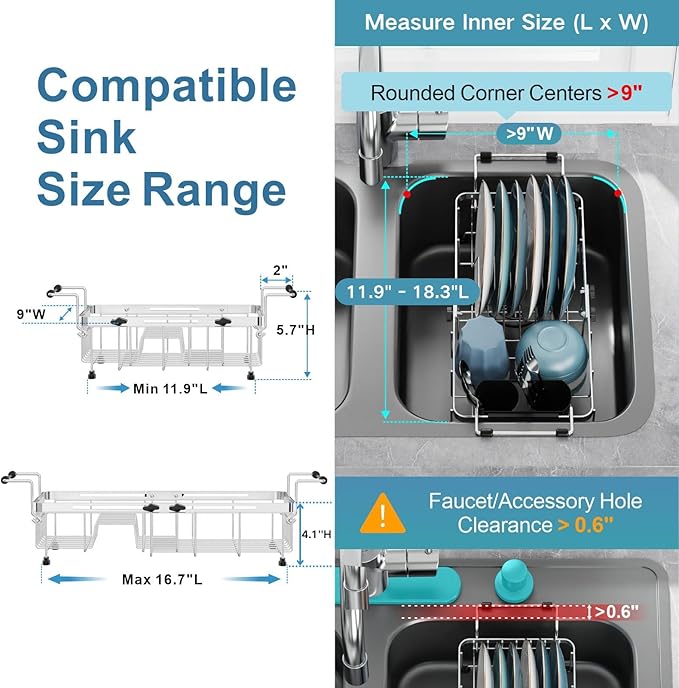 GSlife Small Sink Dish Drying Rack - 9" W Expandable Stainless Steel Compact Dish Drainer for RV, Apartment, Camper, Kitchen, Dish Strainer with Lock Knob, 11.9"-16.7" L, Silver