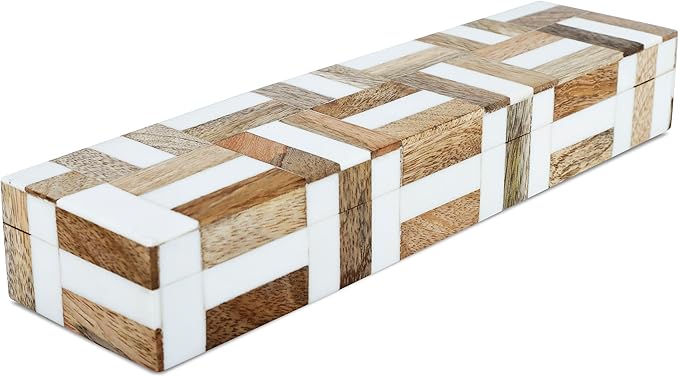 Handicrafts Home White Decorative Box with Lid–Marquet Resin Inlay & Wood Decorative Boxes for Home Decor, Decor, Storage Box for Jewellery & Keys White Brown Neutral Decorative Storage Box-10x2.5x1.5