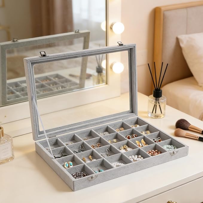Wudygirl Jewelry Organizer Velvet Jewelry Tray 24 Grid Jewelry Box Earring Holder Organizer Removable Display Case Organizer Glass Top Lid & Lock (24 Grid)