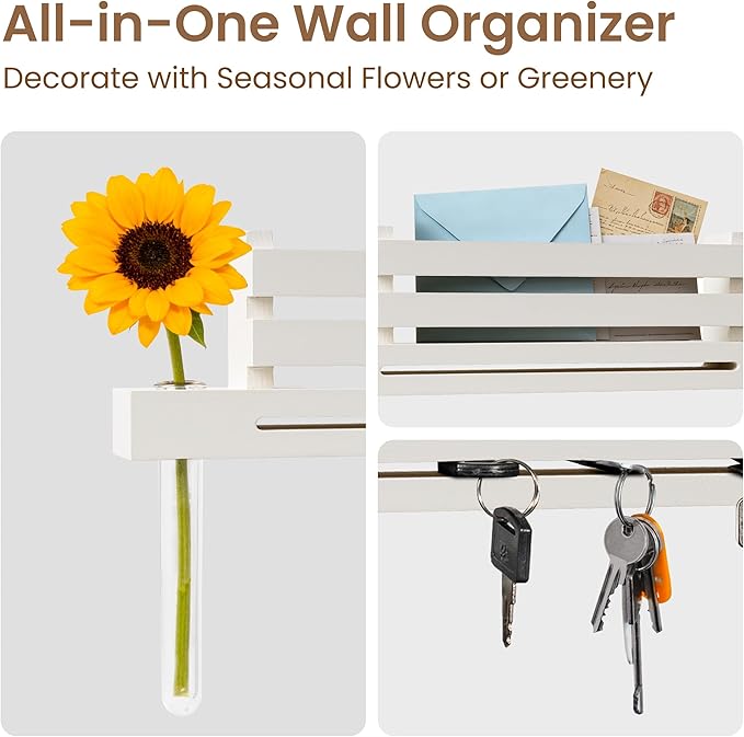 AELS Creamy White Wall Mounted Key Holder with Acrylic Vase & Mail Organizer, Wooden Entryway Key Rack with 5.9" Test Tube Vase, Decorative Key Hanger with Slot for Keys and Letters, Gift Idea