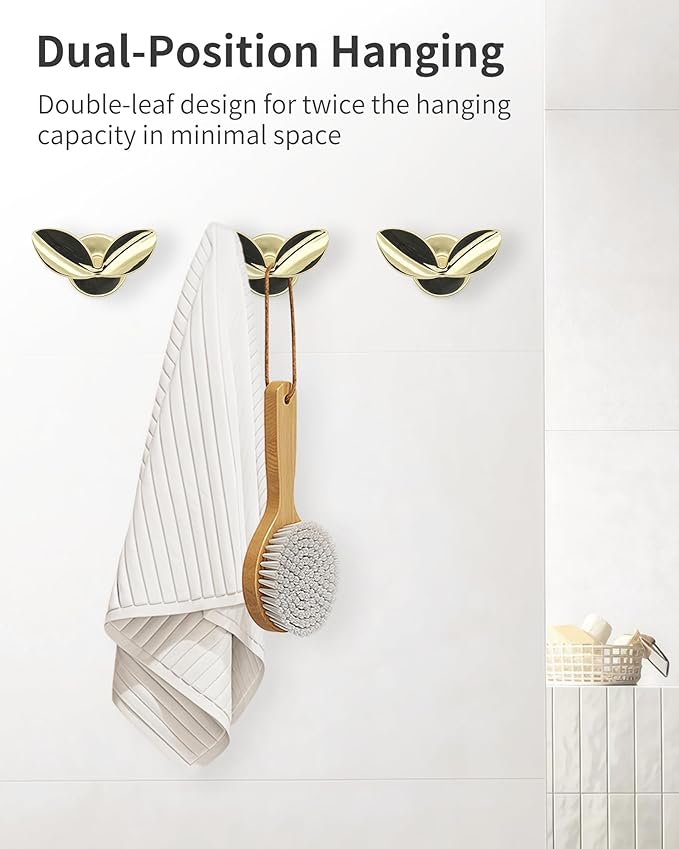 Decorative Coat Hooks Wall Mount, Unique Wall Decor Hooks for Hanging Towel Key Purse Hat Robe Clothes Cute Dual Leaves Hanger Hook for Bathroom Shower Closet Entryway Bright Gold 4 Pack