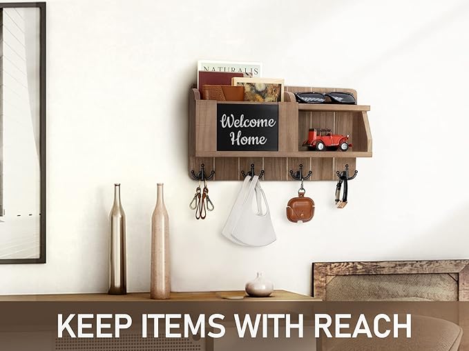 Rebee Vision Farmhouse Key and Mail Holder for Wall - Mail Organizer with Chalkboard and 4 Hooks - Rustic Home Decor for Entryway
