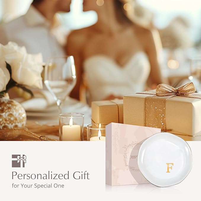 ProCase Ceramic Jewelry Tray, Initial Ring Dish Trinket Plate Engagement Gift, Small Personalized Monogram Ring Bowl for Wedding, White Decorative Jewelry Holder for Women Vanity -Letter F