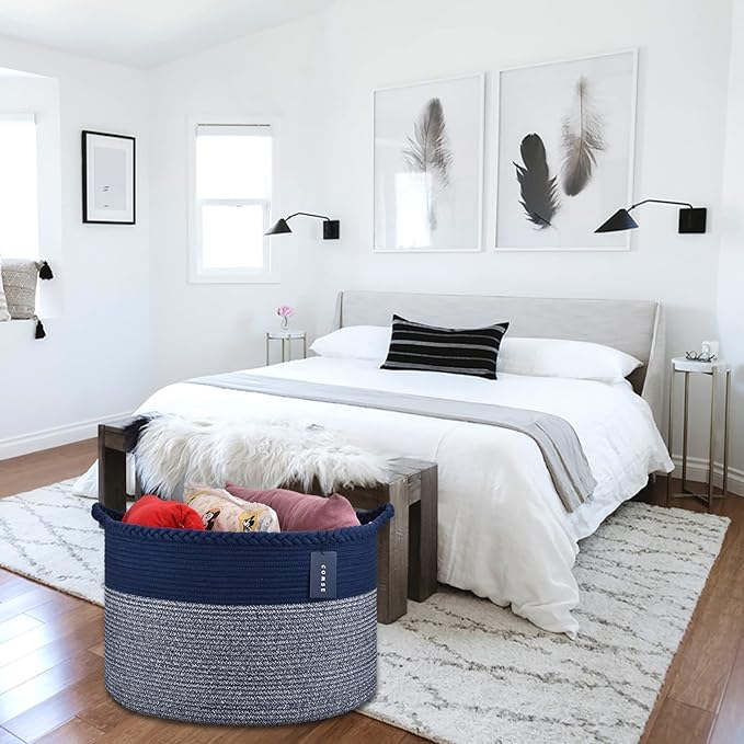 COMSE Extra Large Blanket Basket, Woven Laundry Basket, 21.7âx 13.8â, Nursery Hamper, Cotton Rope Laundry Hamper Living Room for Storage Toys Clothes Towels (Navy Blue)