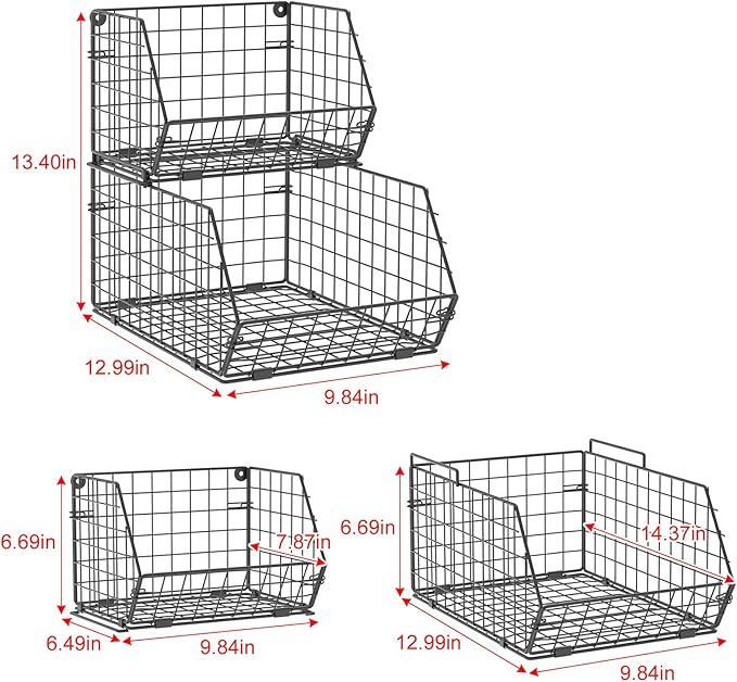 2-Tier Stackable Wire Baskets for Counter, Potato and Onion Storage Bin, Fruit and Vegetable Storage Bins with Ventilated Mesh，Kitchen Pantry Organizer - Wall Basket for Produce/Snack/Can, Black