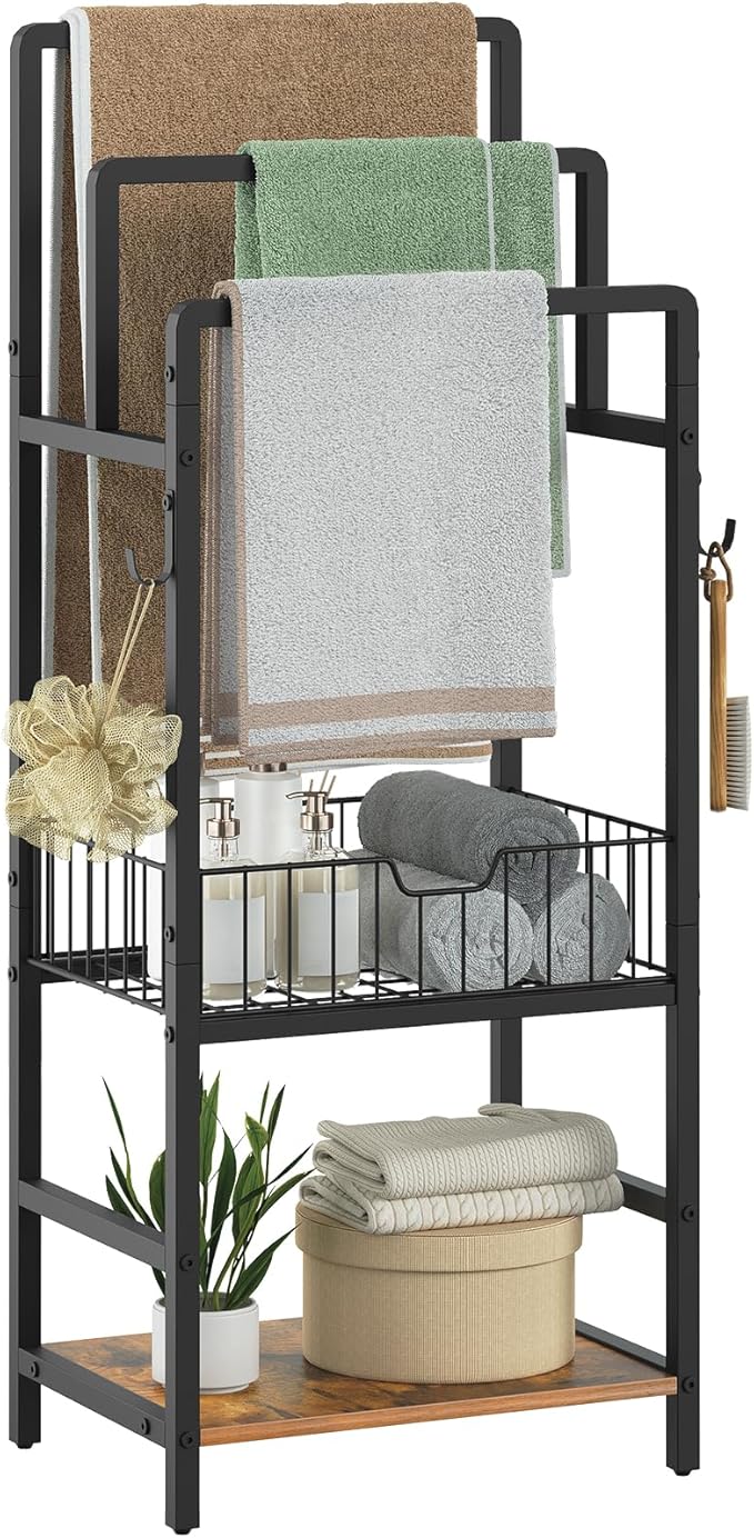 HOOBRO Free Standing Towel Rack, Blanket Rack with 3 Towel Bars, Storage Basket and Shelf, Towel Holder with Hook, Blanket Organizer, for Bathroom and Laundry, Black and Rustic Brown BF13LB01