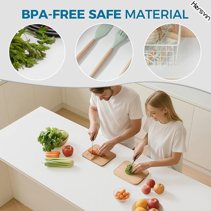 Hersvin Shelf Liners 14 in x 20 ft EVA Drawer Mats, Non-Adhesive Cupboard Protector, Kitchen Cabinet Lining Fridge Liner (White Stripe, 35.6x610cm)