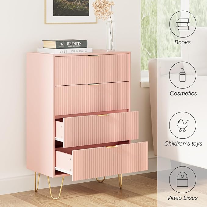Masupu 4 Drawer Dresser, Drawer Chest, Tall Storage Dresser Chest Cabinet Organizer Unit with Gold Metal Legs, Nightstand for Bedroom, Living Room, Closet, Hallway Pink Stripe