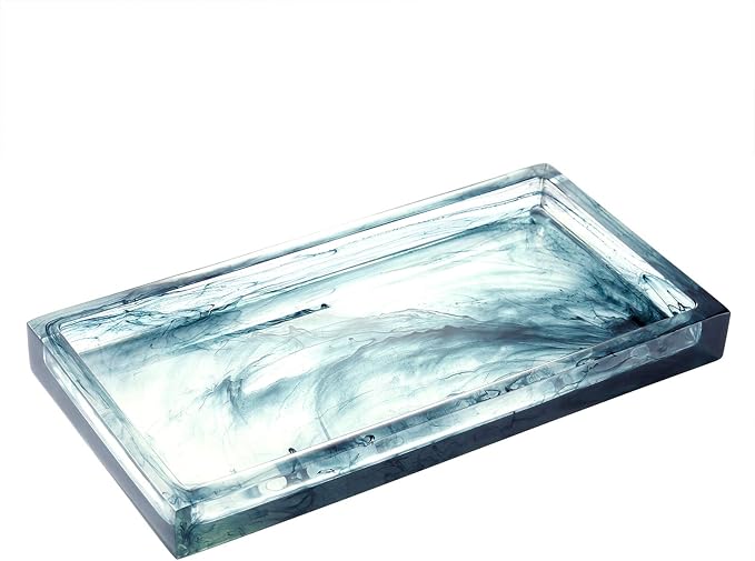 Emibele Jewelry Organizer Resin Tray, Bathroom Kitchen Dresser Vanity Organizer for Jewelry Cosmetic Shower Tissue Candle Perfume Soap Towel Shampoo Small Plant Decoration, Mini Size, Ink Blue