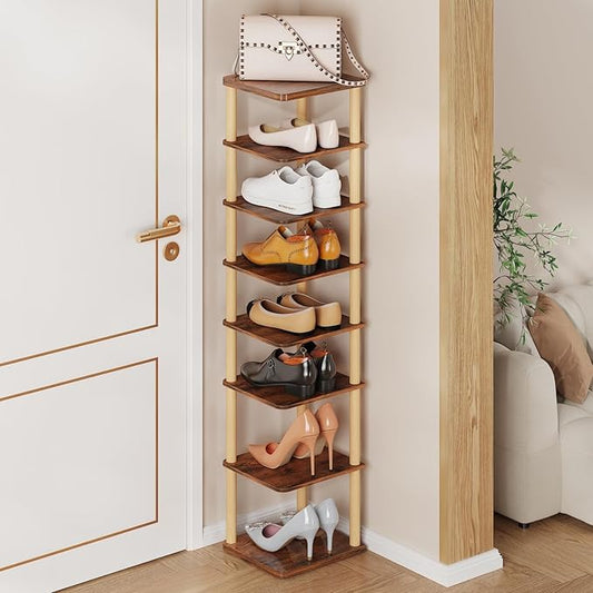 LUCKNOCK Vertical Shoe Rack, 8-Tier Tall Narrow Shoe Organizer for Entryway, Closet, Dorm & Small Spaces, Freestanding Wooden Shoe Shelf Tower for Boots, Sneakers, Heels. (Rustic Brown)