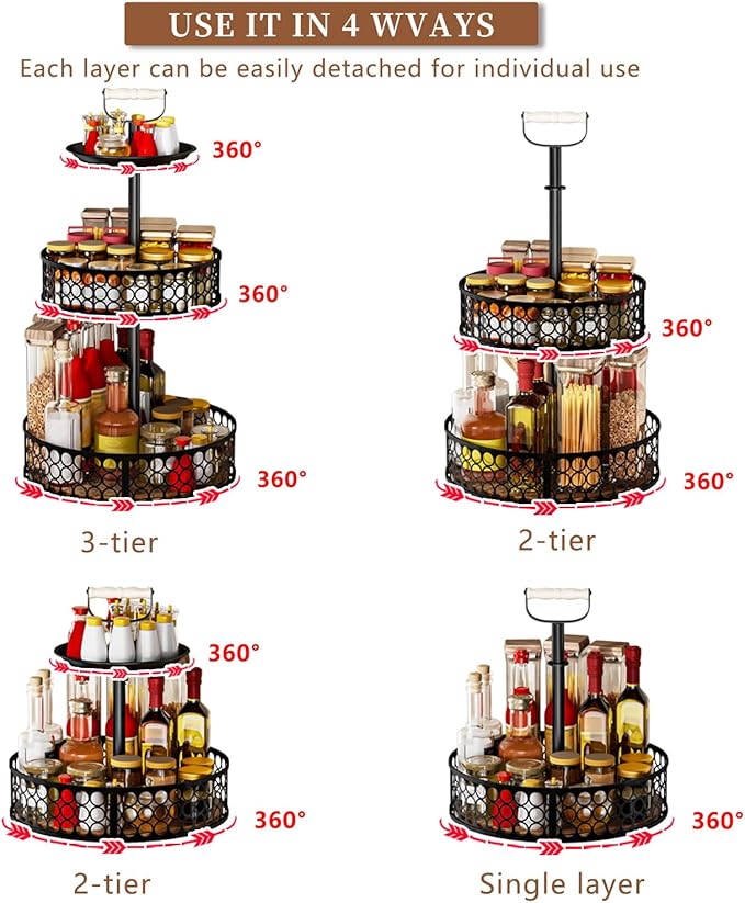 Heavy-Duty 3 Tier Lazy Susan Organizer, Upgraded DIY 4-in-1 Design Detachable Metal Rotating Spice Rack, Spice Organization for Kitchen Cabinet Countertop