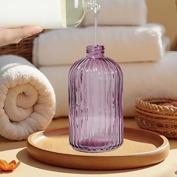 14Oz Purple Soap Dispenser Bathroom, Clear Glass Hand Soap Dispensers with Stainless Steel Pump, Refillable Dish Soap Dispenser for Kitchen, Countertop Soap Dispensers