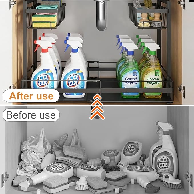 Under Sink Organizer, 2 Tier Metal Under Sink Organizers and Storage, Adjustable Slide out Pull out Cabinet Organizer Shelf for Kitchen Bathroom Pantry Cabinet