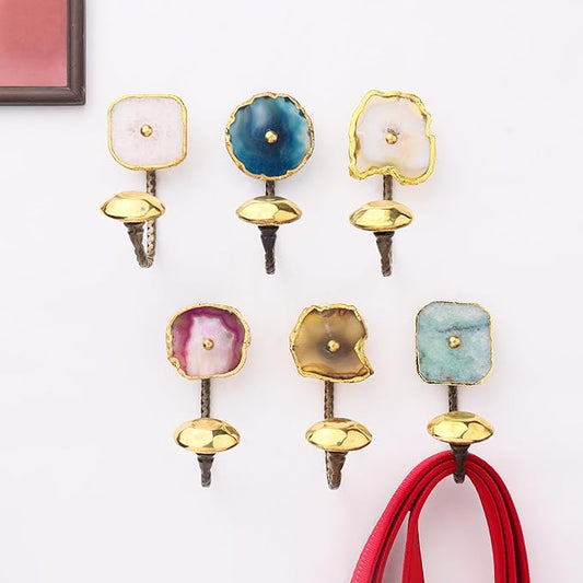 Indian Shelf Pack of 12 Stone Vintage Wall Hooks - Multicolor Agate Heavy Coat Hooks - Stone Coat Wall Hangers - Agate Coat and Key Rack Wall Mounted