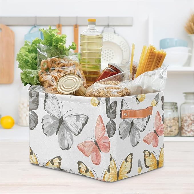 Cute Storage Bins for Organization, Canvas Book Storage Bins Handles, Bedroom Shelves Decorative Baskets for Organizing, Fabric Cube Bin Classroom Dorm Closet Organizer Box (Butterflies)