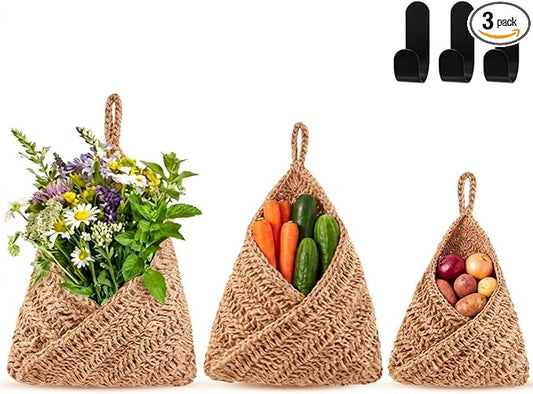 Honeydak Boho Decor Hanging Wall Baskets for Kitchen 3 Pack Teardrop Baskets with Hooks Storage Fruit Onion Vegetable Potato for Home 3 Sizes(Linen,Triangle,Jute)