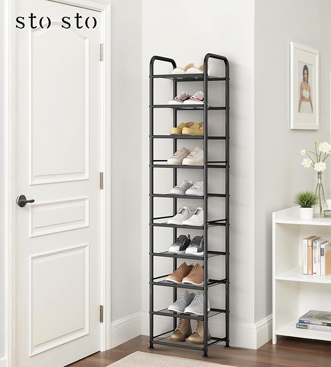 STO STO 10-Tier Narrow Shoe Rack with Sturdy Mesh Shelves, Slim Tall Metal Shoe Organizer for Entryway, Closet, Hallway, Holds 10 Pairs, Vertical Free Standing Shoe Storage Shelf, Black