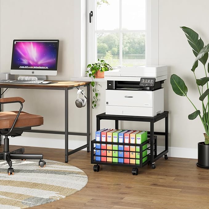 HOOBRO Mini Fridge Stand with Movable Storage Basket, Mini Fridge Cabinet with Wheels and Adjustable Feet, Sturdy Metal Frame, for Kitchen, Living Room, Office, Black BB155TL01