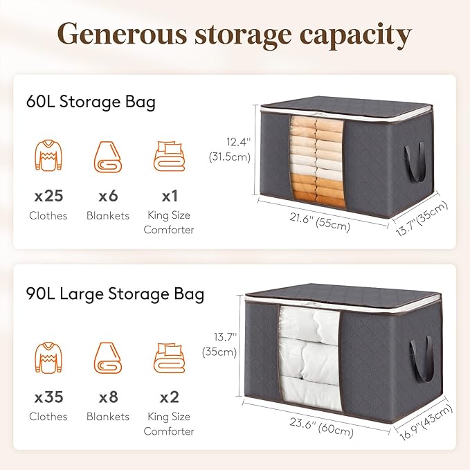 Lifewit 10 Pack 90L Clothes Storage Bins with Lids, Foldable Blanket Storage Bags with Zippers, Clear Window and Reinforced Handles, Closet and Organization for Clothing, Sweater, Comforter, Bedding