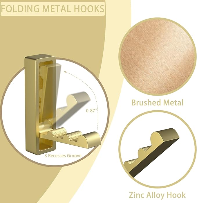 Wall Hooks for Hanging Coat, Heavy Duty Metal Hooks with Folding Storage Foldable Wall Hooks for Entryway Bathroom Kitchen Bags Towels Closet, 4Pcs Gold
