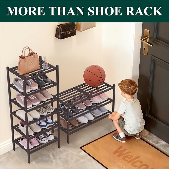 Smiry Long Bamboo Shoe Rack 2-Tier, Stackable Wooden Shoe Organizer for Entryway & Closet, Free Standing Wood Shoe Storage Shelf for Front Door & Small Spaces, Brown