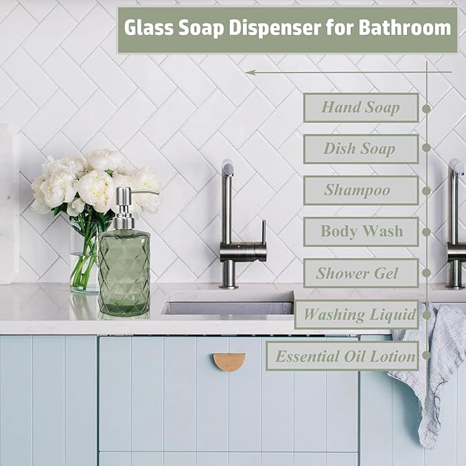 12Oz Green Soap Dispenser Bathroom - 2 Pack, Clear Glass Hand Soap Dispensers with Stainless Steel Pump, Refillable Dish Soap Dispenser for Kitchen, Countertop Soap Dispensers