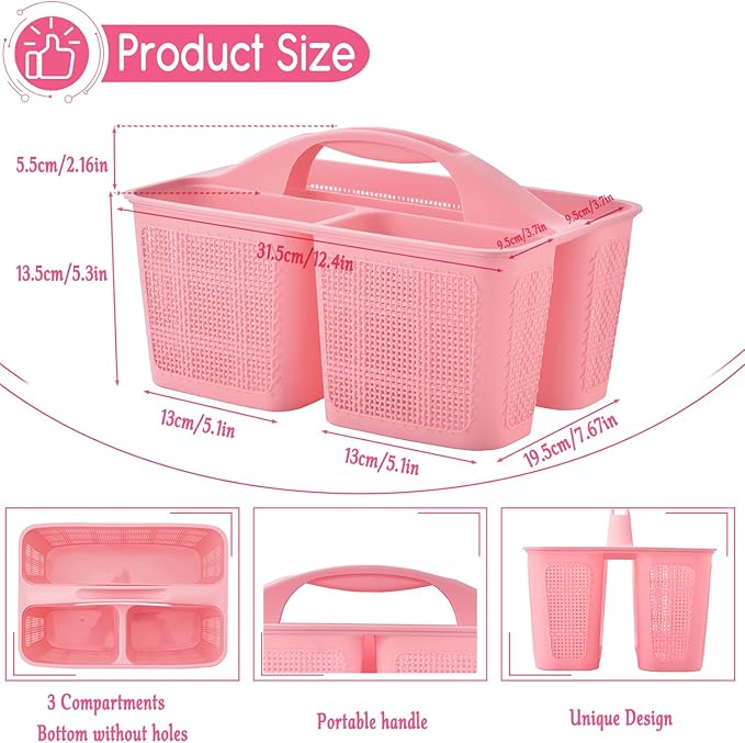 Plastic Pink Shower Caddy Basket, Divided Cleaning Portable Shower Basket with Handle Compartments Storage Organizer for Bathroom, College, Kitchen, Dorm Room Essentials