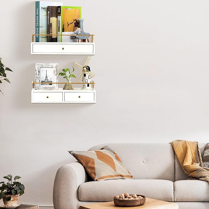 Floating Shelves With Drawers Set of 2, Wall Mounted Bathroom Storage, Rustic Wood Shelves for Bedroom, Living Room, Kitchen, Home Decor, Plants, Books (White)