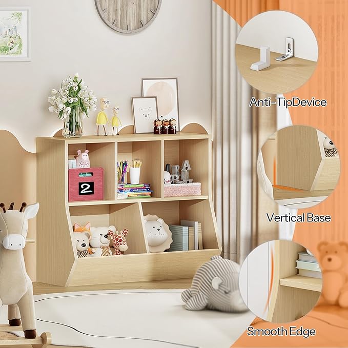 HOOBRO Kids Bookshelf, Bookcase Footboard, Toy Storage Cubby, Children's Toy Shelf, 35.4" L Storage Cabinet, Fit for Children's Room, Playroom, Hallway, Kindergarten, Natural NL32CW01