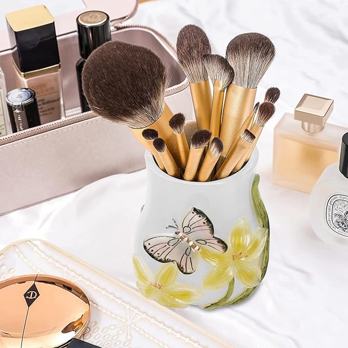 Decorative Bathroom Accessory Vanity Set Including Tumblers, Soap Dish, Shampoo and Body Wash Liquid Soap Dispenser and Toothbrush Holder, Gift for Girl with Butterfly Pattern