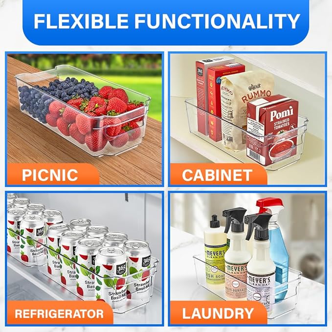 Lifemaster Multi-purpose Refrigerator Bins - 14 pieces Usable and Stackable Design Fridge Bin Organizer with Easy Grip Handles - Clear
