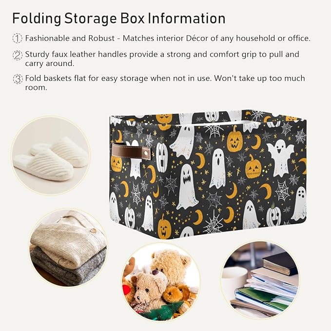 Halloween Devil and Pumpkin Storage Basket,Spider Web Large Storage Bin Fabric Collapsible Organizer Bag with Handles 15x11x9.5 inch