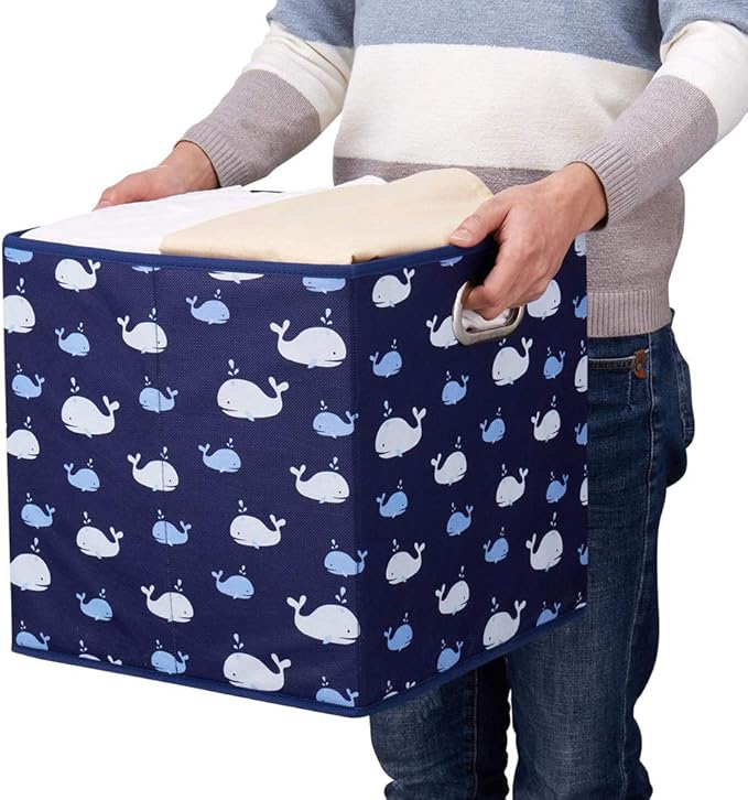 13 inch Collapsible Storage Cubes Bins Fabric Storage Boxes Blue Foldable Cube Inserts Storage White Whale Folding Cloth Storage Baskets Drawer Organizer ,QY-SC04-6